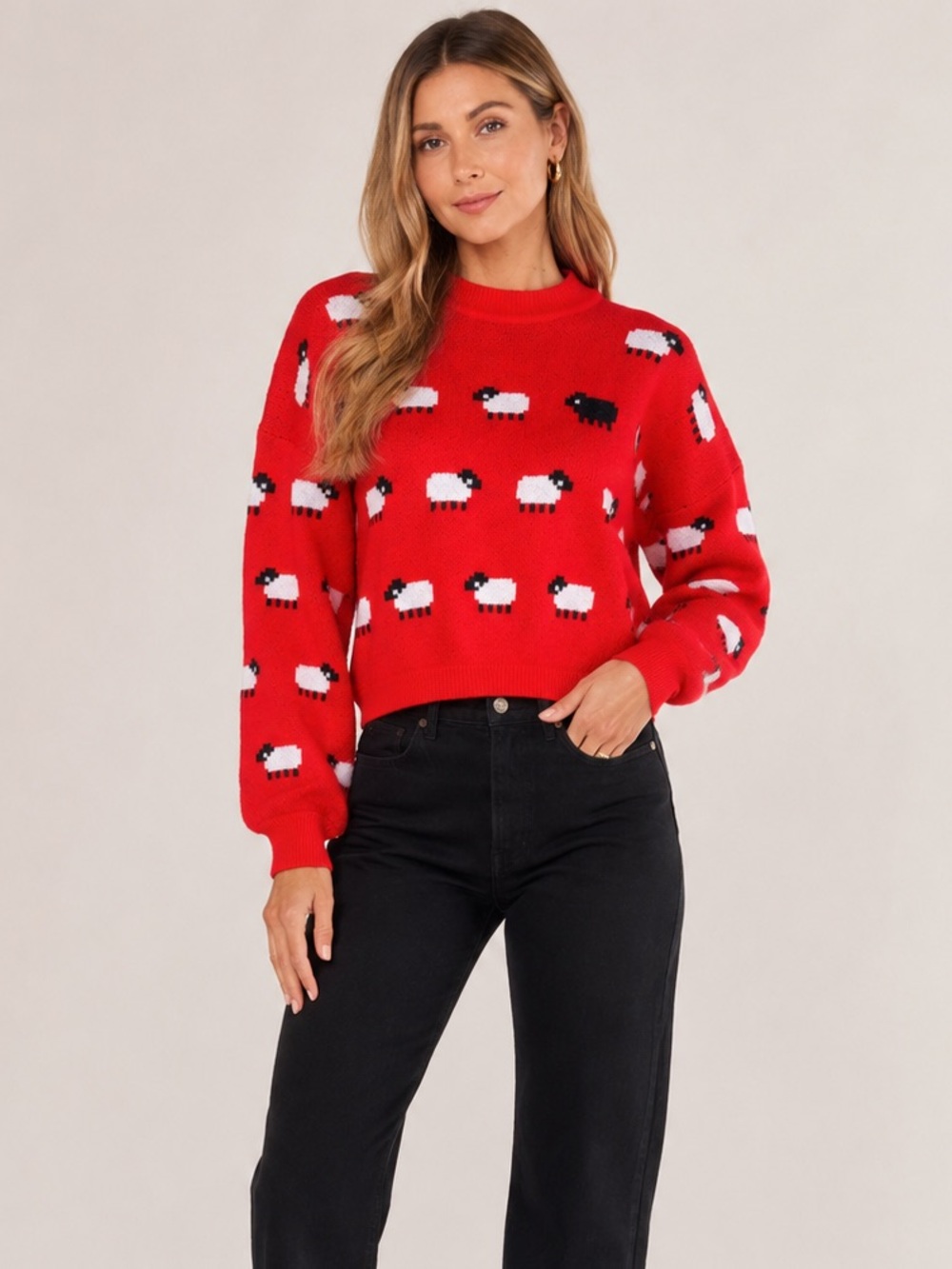 BB Dakota Red Crewneck Sweater with White and Black Sheep Motif